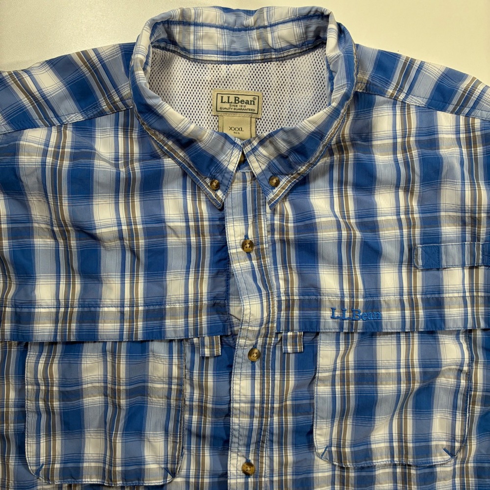 LL Bean Tropicwear Fishing Shirt 3XL Blue Plaid Vented Back Short Sleeve 506268